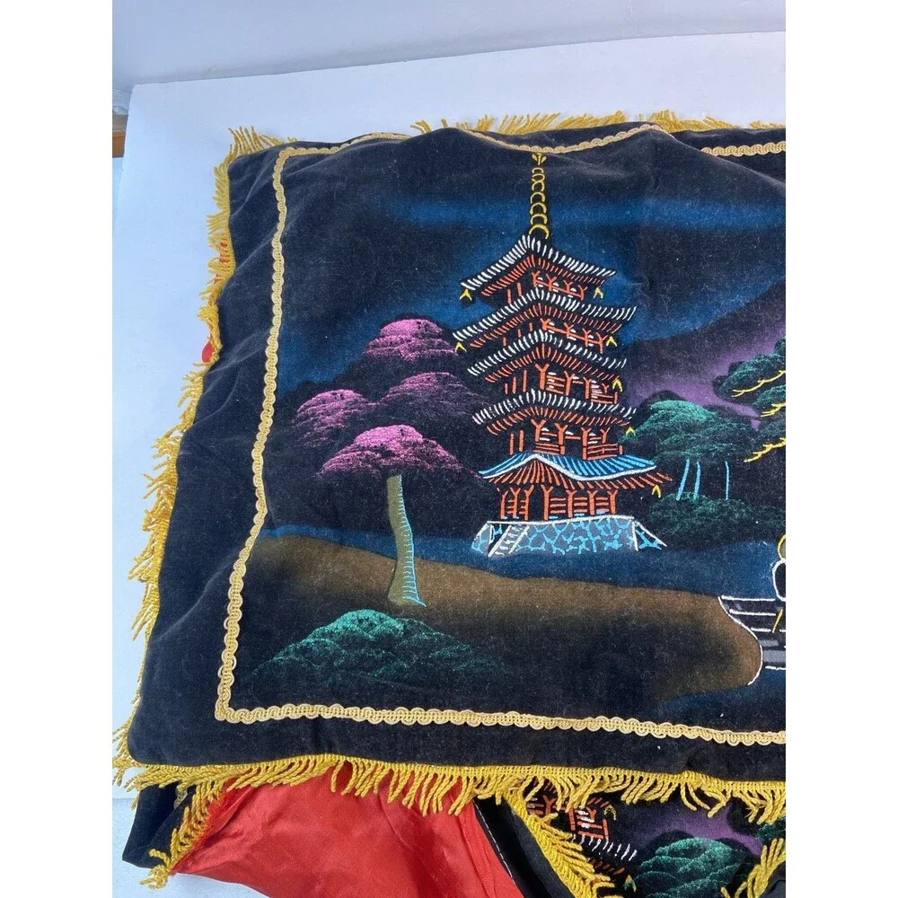 Vintage Asian Pagoda Velvet Silk Pillowcase Set Gold Fringe Oriental Decor -2